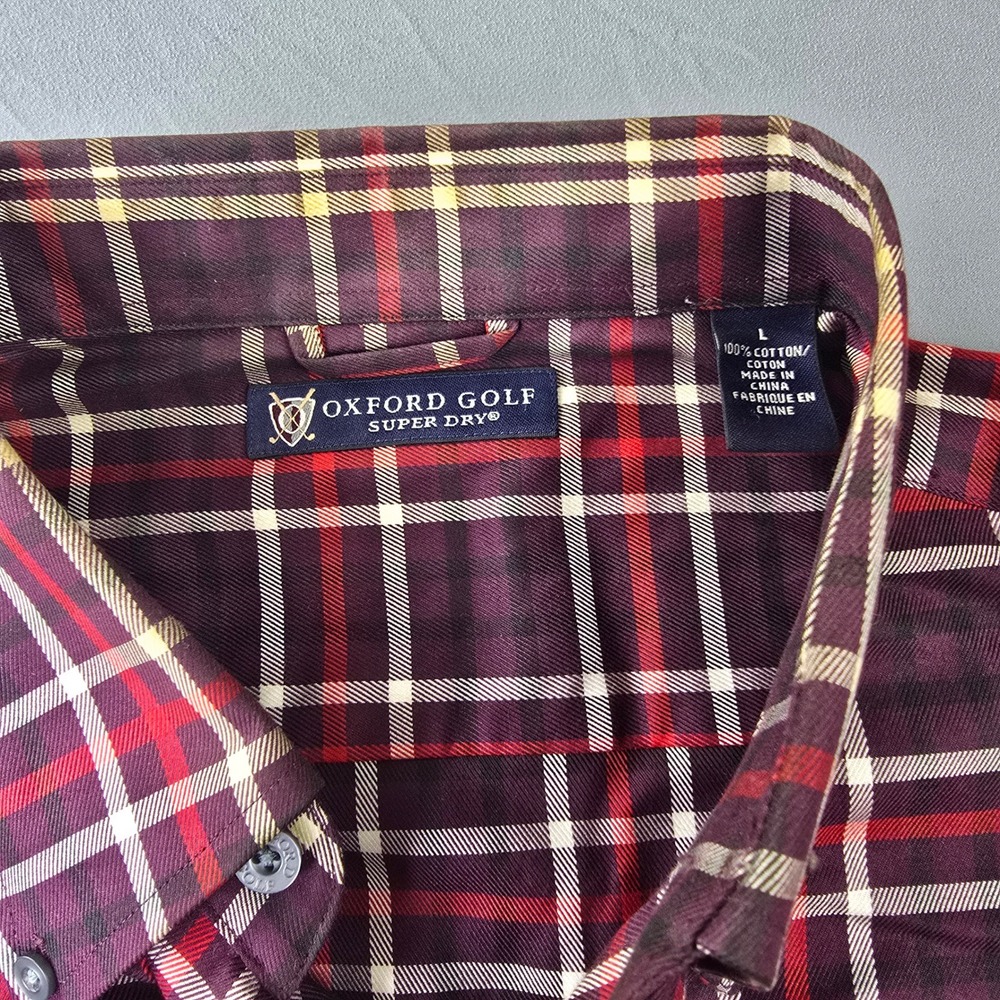 Oxford Golf Mens Super Dry Plaid Button Down Shirt Purple Red Cotton Large‎ L - Picture 3 of 9